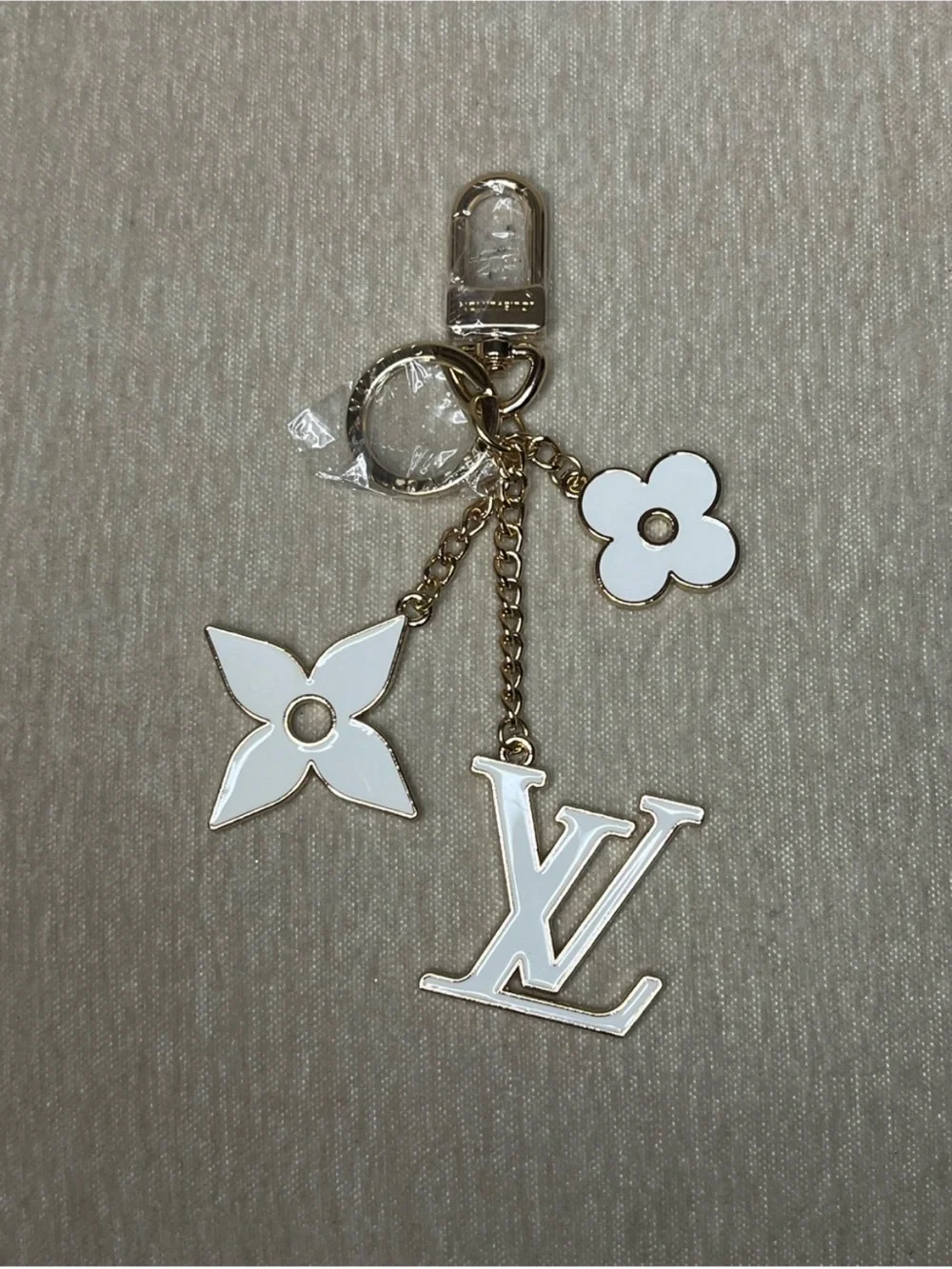 Louis Vuitton White Enamel LV & Monogram Flower Key Charm with Gold Hardware